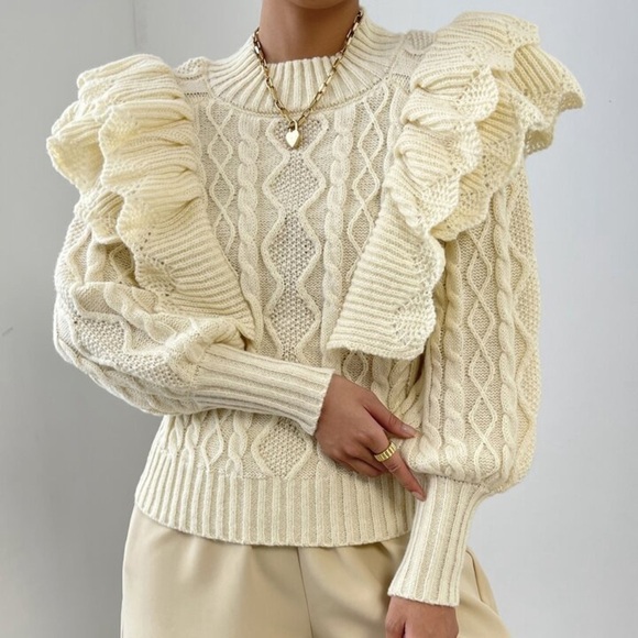 SHEIN cable knit ruffle trim lantern sleeve sweater - Picture 5 of 10